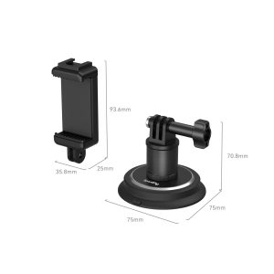 SmallRig 4347 -imukuppikiinnitysteline toimintakameroille sisältää mustan puhelimen pidikkeen (93,6 mm korkea, 35,8 mm leveä, 25 mm syvä) ja jalustan, jossa on säädettävä varsi (70,8 mm korkea, 75 mm halkaisija).
