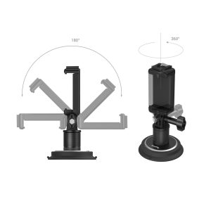 SmallRig 4347 -imukuppikiinnitystuki toimintakameroille on esitetty kahdessa näkymässä: sen varsi kääntyy 180° ja puhelimen pidike kääntyy 360°, mikä osoittaa kiinnikkeen joustavat säätökulmat.