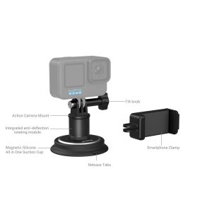 SmallRig 4347 -imukuppikiinnitystuki toimintakameroille GoPron kanssa -merkitty kaavio, jossa näkyvät: toimintakameran kiinnitys, kallistusnuppi, älypuhelimen kiinnike, taipumista estävä pyörivä moduuli, magneettinen silikoninen imukuppi ja irrotuslappuset.