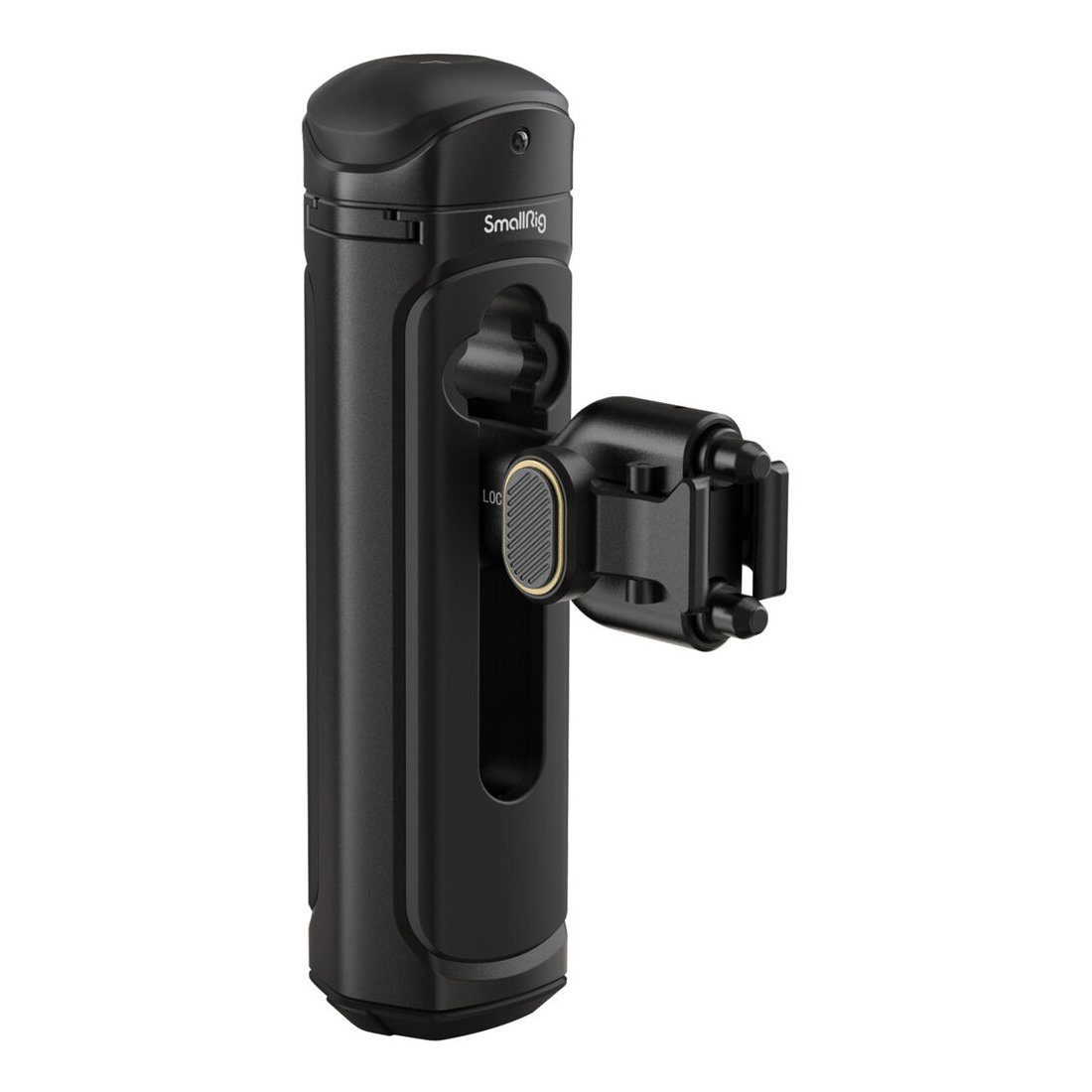 SmallRig 4402 Wireless Control & Quick Release Side Handle on musta, sylinterinmuotoinen kameran lisävaruste, jossa on sivulle asennettu säädettävä kiinnitin ja kuvioitu valitsin, jolla voit pitää tai kiinnittää laitteet turvallisesti.
