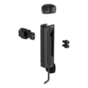 SmallRig 4402 Wireless Control & Quick Release Side Handle -laitteen räjähdysnäkymä, jossa näkyy sen musta lieriön muotoinen korkki, päärunko, kiinnityskannatin, ruuvit ja pieni kiinnike - kaikki eristettynä valkoisella taustalla.
