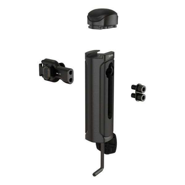 SmallRig 4402 Wireless Control & Quick Release Side Handle -laitteen räjähdysnäkymä, jossa näkyy sen musta lieriön muotoinen korkki, päärunko, kiinnityskannatin, ruuvit ja pieni kiinnike - kaikki eristettynä valkoisella taustalla.