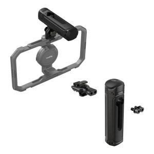 SmallRig 4402 Wireless Control & Quick Release Side Handle, modulaarinen musta gimbal-stabilisaattorin kahva, jossa on kiinnitystarvikkeet ja suorakulmainen kehys, on kuvattu valkoisella pohjalla.