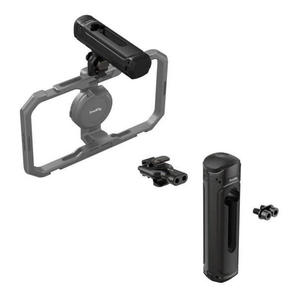 SmallRig 4402 Wireless Control & Quick Release Side Handle, modulaarinen musta gimbal-stabilisaattorin kahva, jossa on kiinnitystarvikkeet ja suorakulmainen kehys, on kuvattu valkoisella pohjalla.