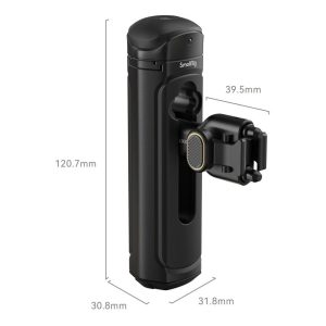 SmallRig 4402 Wireless Control & Quick Release Side Handle, musta sylinterimäinen kameran lisävaruste, jossa on kiinnitetty kiinnike, on pystyssä. Mitat: korkeus 120,7 mm, leveys 30,8 mm, syvyys 31,8 mm; kiinnikkeen leveys on 39,5 mm.