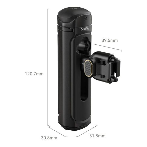 SmallRig 4402 Wireless Control & Quick Release Side Handle, musta sylinterimäinen kameran lisävaruste, jossa on kiinnitetty kiinnike, on pystyssä. Mitat: korkeus 120,7 mm, leveys 30,8 mm, syvyys 31,8 mm; kiinnikkeen leveys on 39,5 mm.