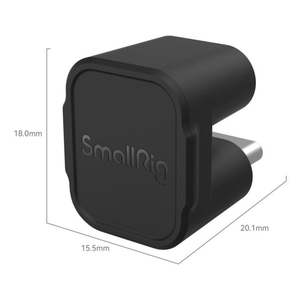 The SmallRig 4406 Type C Type C audio signal adapter is black with a rectangular shape, rounded corners, metal pliers and embossed SmallRig logo. It measures 18.0 mm (height) x 15.5 mm (width) x 20.1 mm (depth).