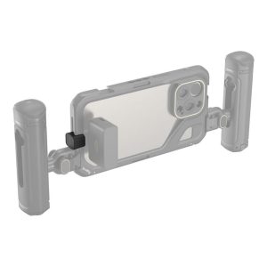 A smartphone with two large cylindrical handles and a SmallRig 4406 Type C to Type C Audio Signal Adaptor near the camera area, designed for stable video recording or photography.