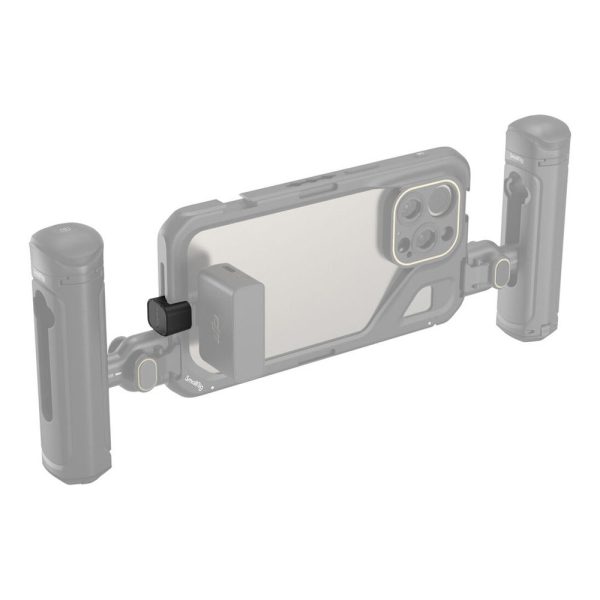 A smartphone with two large cylindrical handles and a SmallRig 4406 Type C to Type C Audio Signal Adaptor near the camera area, designed for stable video recording or photography.