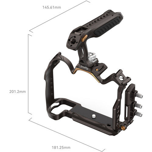SmallRig 4317 Night Eagle Cage Kit for Nikon Z 8 on metallinen kamerahäkki, jossa on kuvioitu yläkahva ja joka on 201,2 mm korkea, 181,25 mm leveä ja 145,61 mm syvä. Siinä on useita kiinnityspisteitä lisävarusteiden joustavaa kiinnittämistä varten.