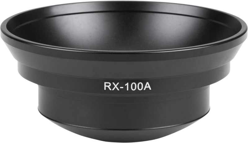 Mustaa metallia oleva Sirui RX-100A -sovitinkulho näkyy valkoisella pohjalla, ja sen kyljessä on merkintä "RX-100A".