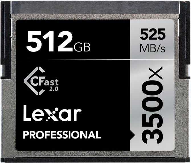 Close-up of the Lexar Professional 3500X Pro Cfast 512GB memory card, showing its black and silver design, 525MB/s speed, CFast 2.0 support and 3500x rating.