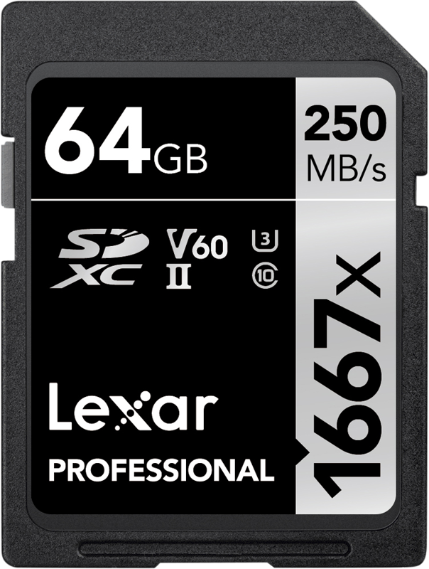 Lexar Pro 1667x U3 V60 UHS-II SDXC -muistikortti, jonka kapasiteetti on 64 Gt ja jonka lukunopeus on jopa 250 MB/s ja kirjoitusnopeus 120 MB/s, on varustettu mustalla ja hopeisella etiketillä.