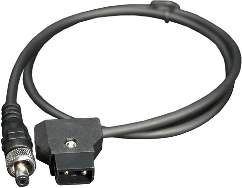 Hollyland's D-tap to DC 2.1mm power cable, which is black and coiled with a light-coloured background, has a DC plug at one end and a 2-pin rectangular plug at the other.