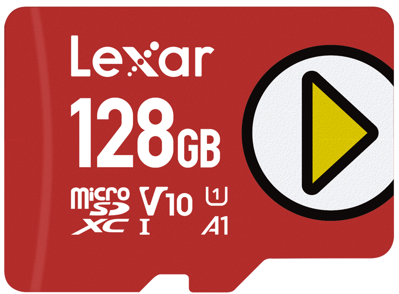 Lexar microSDXC PLAY UHS-I/A1/U1 R150 (V10) 128 Gt:n kortti on punaisella ja valkoisella tekstillä varustettu kortti, jonka kapasiteetti ja tekniset tiedot näkyvät ja jonka oikeassa reunassa on suuri keltainen ja musta toistopainikkeen kuvake.