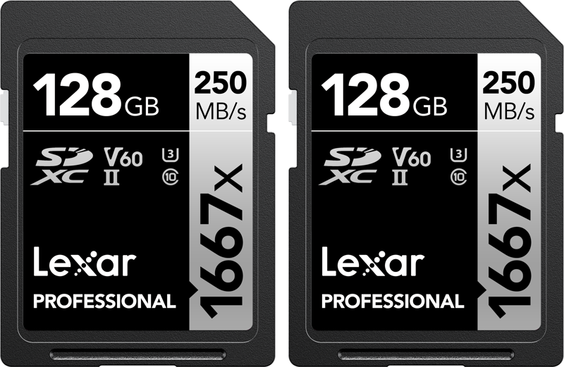 Two Lexar Pro 1667x U3 V60 UHS-II R250/W120 128GB memory cards (2-pack) are displayed side by side, each with black and silver labels with their specifications.