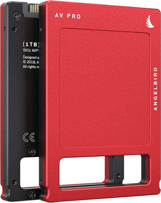 The red ANGELBIRD AV PRO MK3 1TB drive is partially pulled out of its black case, showing the connection pins and the product label.