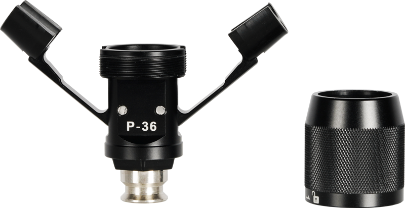 Sirui P-36 Adapter for Monopod/feet on musta metallisovitin, jossa on kaksi ylöspäin suuntautuvaa vartta, ja siinä on merkintä "P-36", ja sen vieressä on erillinen lieriömäinen, kuvioitu musta korkki vaalealla pohjalla.