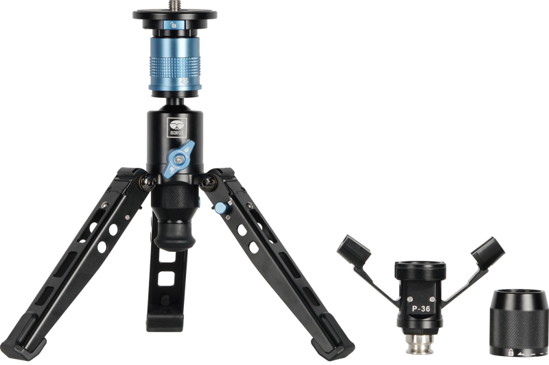 The Sirui P-36 Kit, featuring a black and blue monopod with adjustable tripod legs, is shown open on a white background next to two removable support adapters.