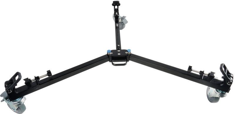Sirui DT-06 Tripod Slider Dolly on musta, kolmivartinen dolly, jossa on suuret telapyörät ja säädettävät kiinnittimet jalustan jalkojen kiinnittämistä varten, kuvassa valkoisella pohjalla.