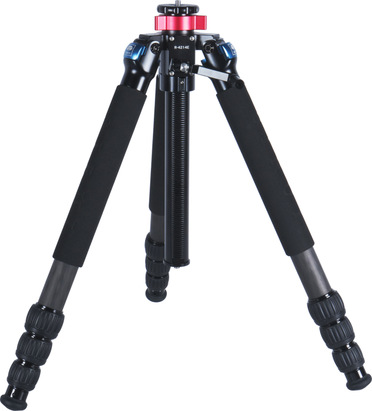 The Sirui R-4214E carbon fibre tripod is a black camera tripod with adjustable feet, foam handles, screw locks and red accent near the mount, shown on a light grey background.