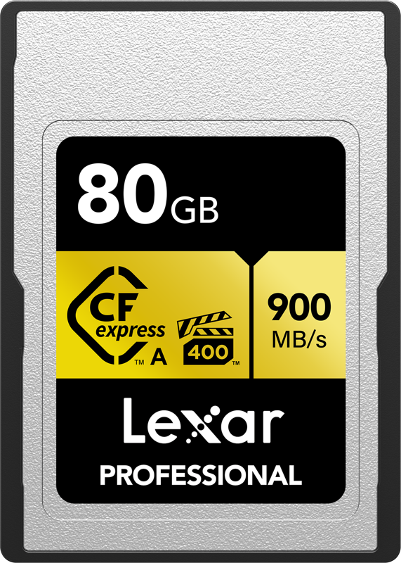 Lexar CFexpress Pro Gold R900/W800 VPG400 Type-A 80GB -muistikortti tarjoaa jopa 900 MB/s nopeuden, ja sen keltainen ja musta muotoilu näyttää tuotemerkin ja tekniset tiedot.