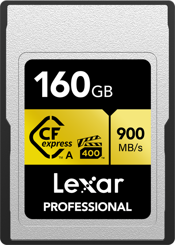 Lexar CFexpress Pro Gold R900/W800 VPG400 Type-A 160GB -muistikortti tarjoaa 900 MB/s nopeuden ja on mustan, keltaisen ja hopean värinen.