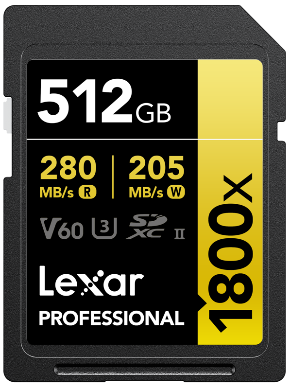 Lexar Pro 1800x SDXC U3 (V60) UHS-II R280/W210 512 Gt:n muistikortissa on jopa 280 Mt/s luku- ja 210 Mt/s kirjoitusnopeus, V60- ja UHS-II-tuki sekä musta-keltainen etiketti.