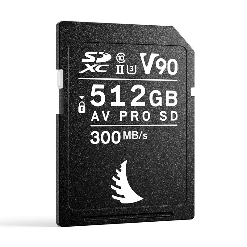 Musta ANGELBIRD 512GB AV Pro Mk 2 V90 UHS-II SDXC-muistikortti, jossa on valkoinen teksti "V90, 512GB, AV PRO SD, 300 MB/s" ja valkoinen logo alareunassa valkoisella pohjalla.