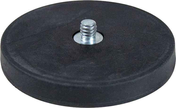 Kupo KS-366 kumipäällysteisessä magneetissa on pyöreä, litteä musta kumipohja, jonka keskeltä työntyy esiin 1/4"-20 metallinen uroskierre, kuvassa tavallista taustaa vasten.
