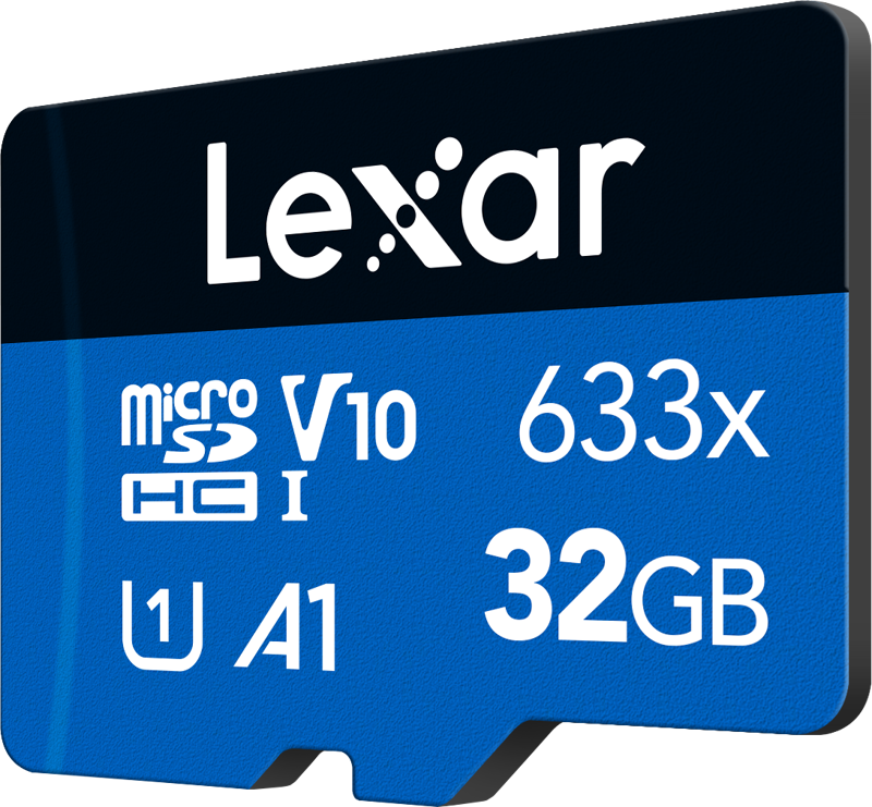 Blue and black Lexar 633X microSDHC/SDXC (V30) R100 32GB memory card with white text with specifications.