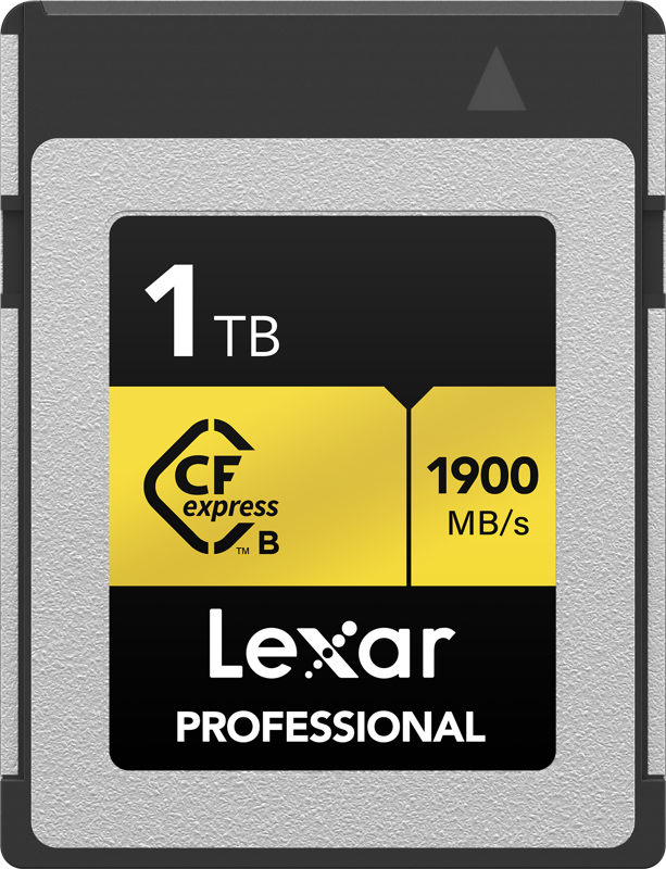 Lexar CFexpress Pro Gold R1900/W1500 1TB -muistikortti, nopeus jopa 1900 MB/s, musta-keltainen-hopeinen muotoilu.