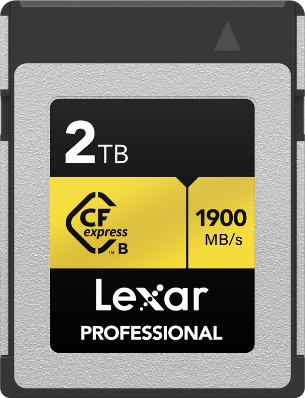 Lexar CFexpress Pro Gold R1900/W1500 2TB -muistikortti tarjoaa 2TB:n kapasiteetin ja 1900 MB/s lukunopeuden mustassa, keltaisessa ja hopeisessa muotoilussa.