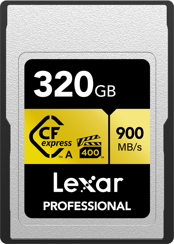 Lexar CFexpress Pro Gold R900/W800 - VPG400 Type-A 320 Gt:n muistikortti tarjoaa jopa 900 Mt/s nopeuden, ja siinä on keltainen ja musta etiketti, jossa on suorituskyky- ja merkkitiedot.