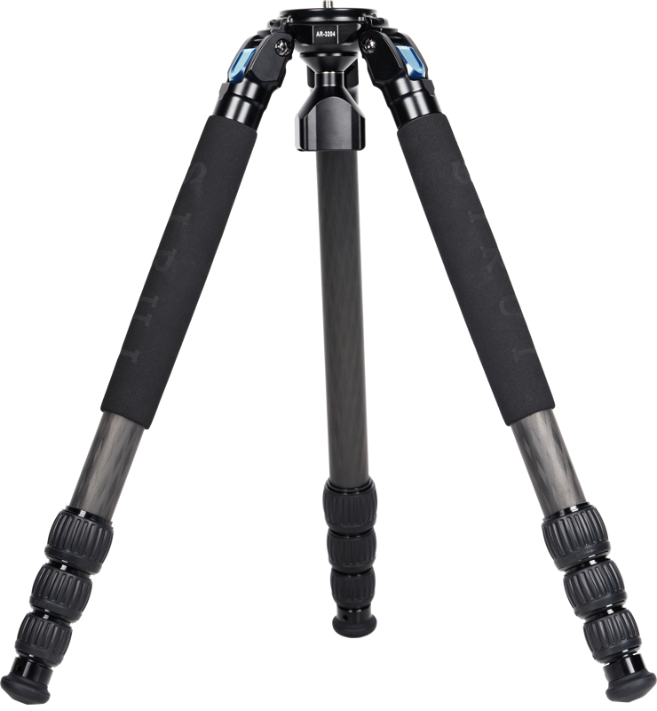 The Sirui AR-3204 carbon fibre tripod is a black-grey tripod with three adjustable legs and foam handles, shown upright against a light background.