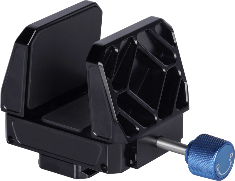 The Sirui Universal Gun-Clamp GC-1 is a black metal clamp with textured surfaces and a blue, brushed knob that holds objects securely in place.