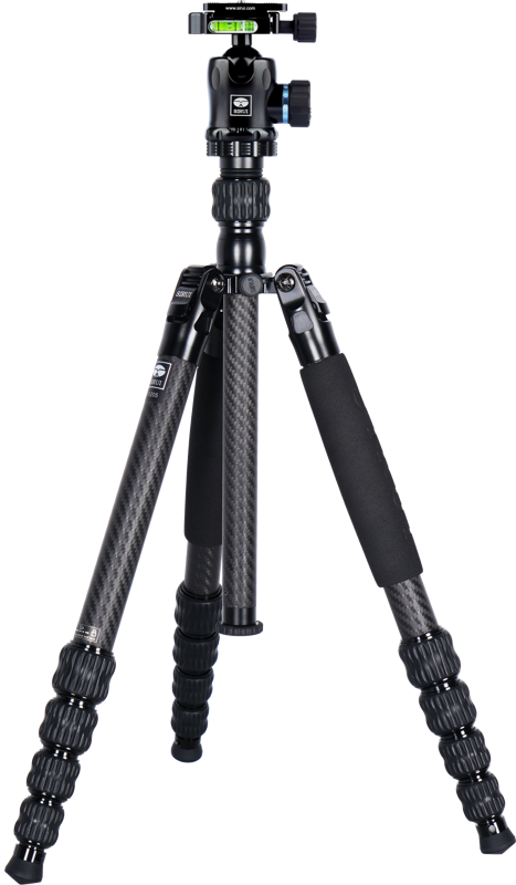 The Sirui Traveler Carbon Tripod Kit T-1205+E-10 features a black carbon fiber, three telescopic legs with foam handles, and a ball head mount with built-in bubble level.
