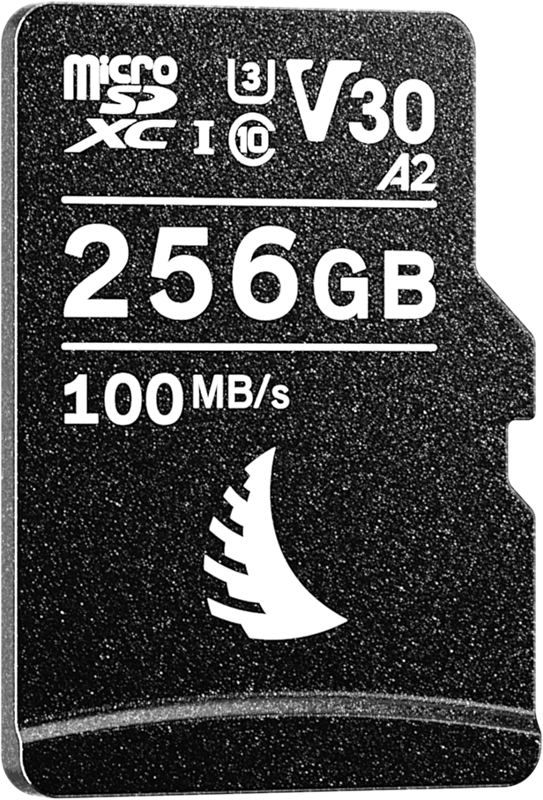 ANGELBIRD microSD AV PRO (V30) 256GB on musta kortti, jossa on valkoinen teksti, jossa lukee 256GB, 100MB/s, V30, A2, U3 ja Class 10. Alareunassa näkyy valkoinen kaareva logo.