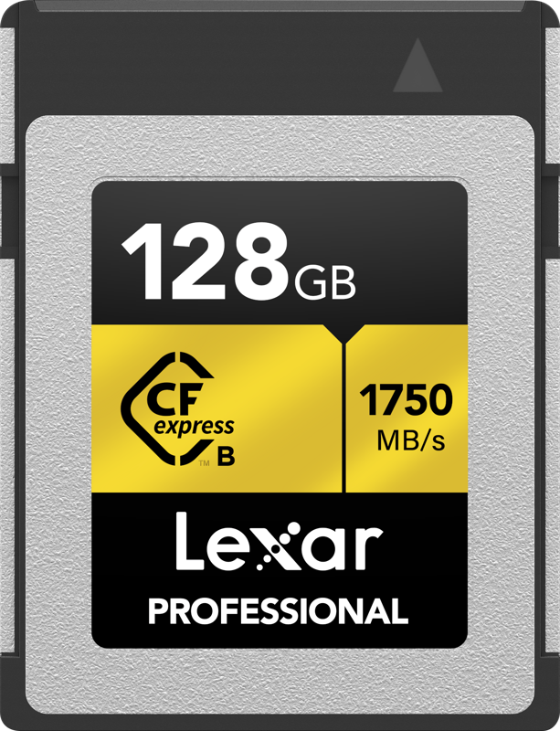 Lexar CFexpress Pro Gold R1900/W1500 128 Gt:n muistikortti, jossa on nopeat luku- ja kirjoitusnopeudet ja musta, keltainen ja hopeinen muotoilu.