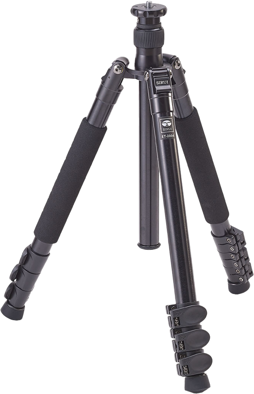 Black Sirui ET-2004 tripod tripod with foam handles on two legs, adjustable leg locks and centre column, standing on a white base.