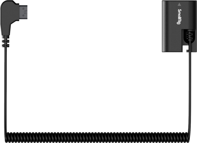 The SmallRig 4252 D-Tap to LP-E6NH Dummy Battery Power Cable features a coiled black design with a rectangular connector and a rectangular adapter marked SmallRig, shown against a plain background.