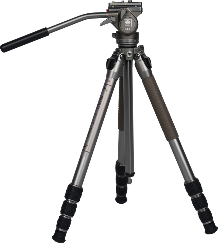 The Sirui Pilot Series GT04 tripod + GT5 video head is a silver-coloured professional tripod with three extendable legs, black rubber grips, twist lock and long handle for cameras or video equipment, shown with a plain base.