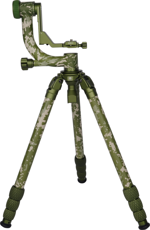 The Sirui CT-3204 tripod + CH20 gimbal camoflage is a green digital camouflage pattern tripod with a gimbal head and three extendable, patterned legs that stand upright on a plain light-coloured base.