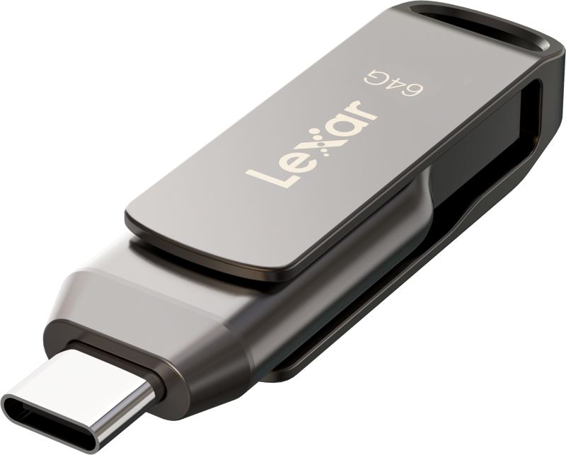 Close-up of the Lexar Jumpdrive Dual Drive D400 Type-C / Type-C & Type-A 64GB flash drive, featuring a stylish metal design and the Lexar logo on the surface.