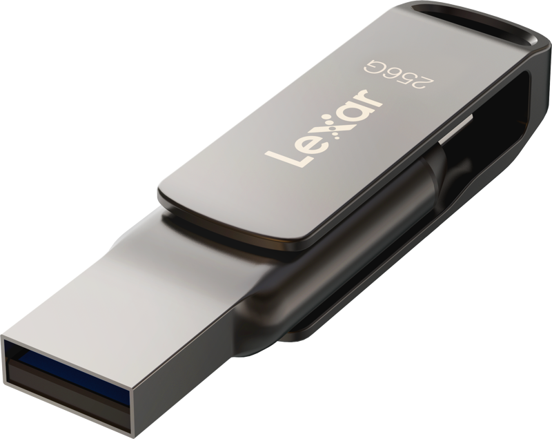 The Lexar Jumpdrive Dual Drive D400 Type-C / Type-C & Type-A 256GB flash drive's metallic finish, partially extended from its black and silver casing, features a USB connector and Lexar branding.