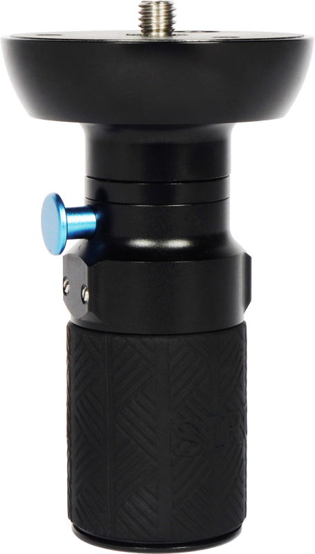 Sirui Quick Release Handle QH-75 for 75mm Half Bowl on musta, sylinterimäinen jalustapää, jossa on kuvioitu kahva, litteä pyöreä kiinnityspinta päällä ja sininen säätönuppi sivulla.