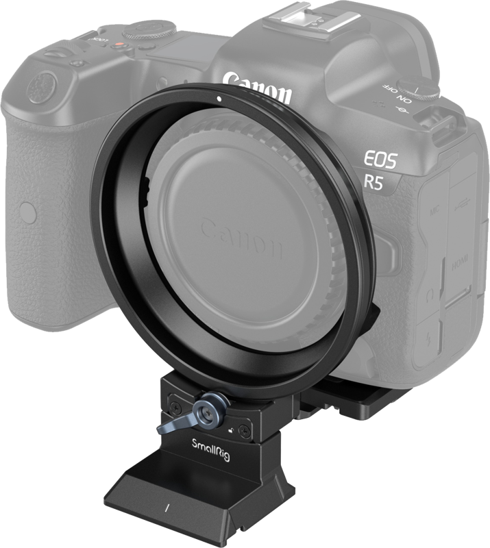 Canon EOS R5, jossa on pyöreä objektiivisovitin, on asennettu SmallRig 4300 Rotatable Horizontal to Vertical Mount Plate Kit -levysarjaan, joka on kuvattu osittain läpinäkyvänä sovittimen korostamiseksi.