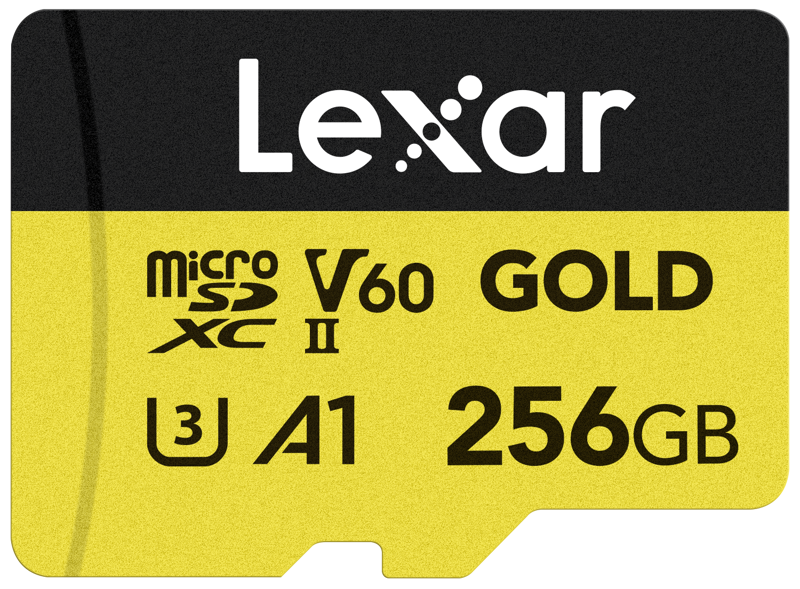 Lexar microSDXC GOLD UHS-II/C10/A1/U3 R280/W100 (V60) 256GB memory card with yellow and black design.