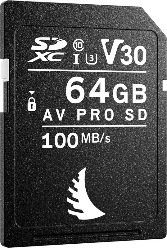 Musta ANGELBIRD SD AV PRO SDXC UHS-I -kortti (64 Gt), 100 Mt/s lukunopeus, 52 Mt/s kirjoitusnopeus, etupuolella on Class 10, U3 ja V30 -symbolit.
