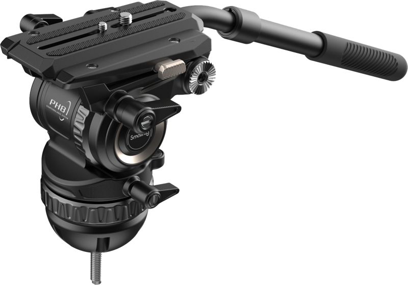 SmallRig 4287 Professional Video Head PH8 -videopää on musta nestemäinen jalustapää, jossa on säätönupit, pitkä kahva ja pikavapautuslevy.